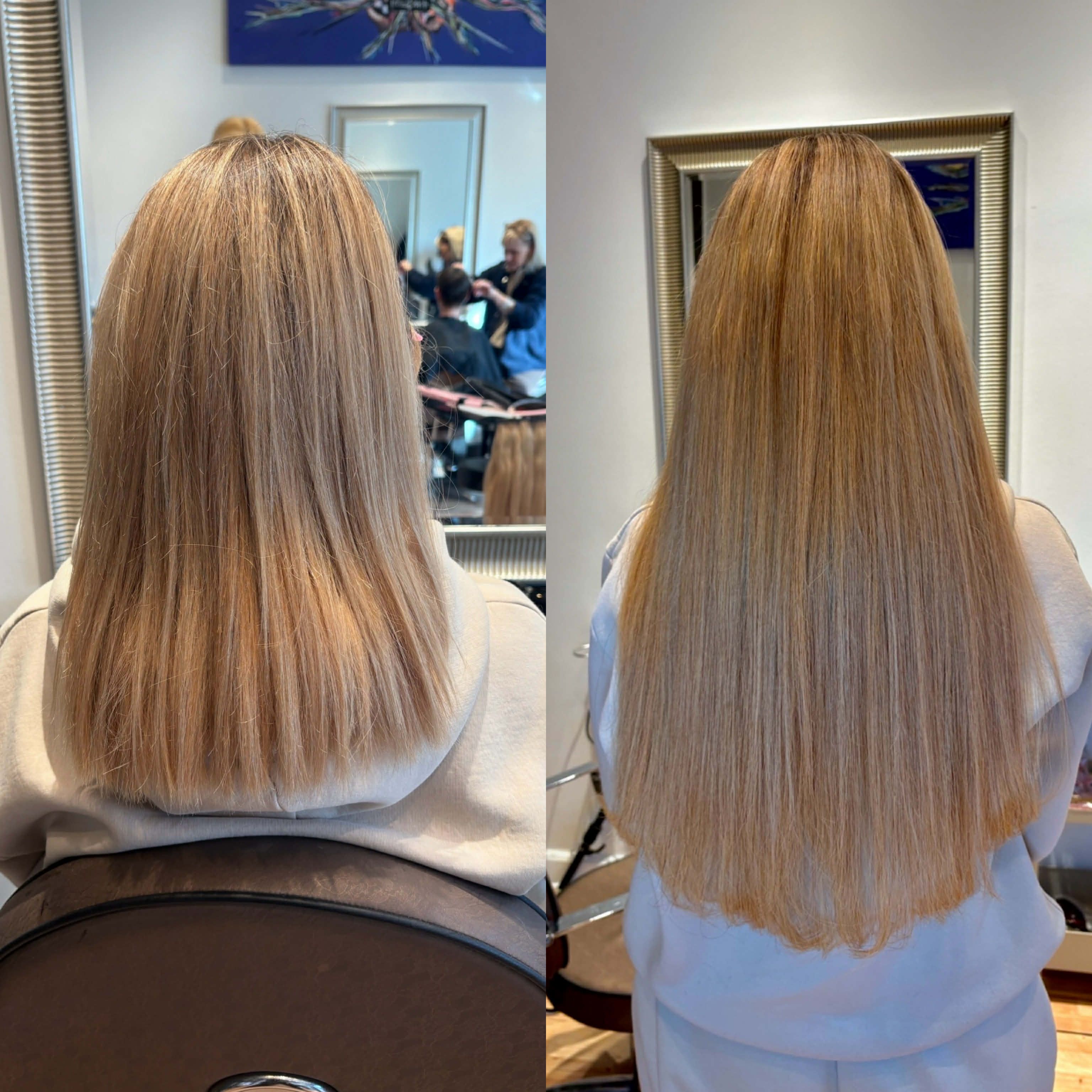 Split før-og-efter billede af meget lange blonde længder med glat finish