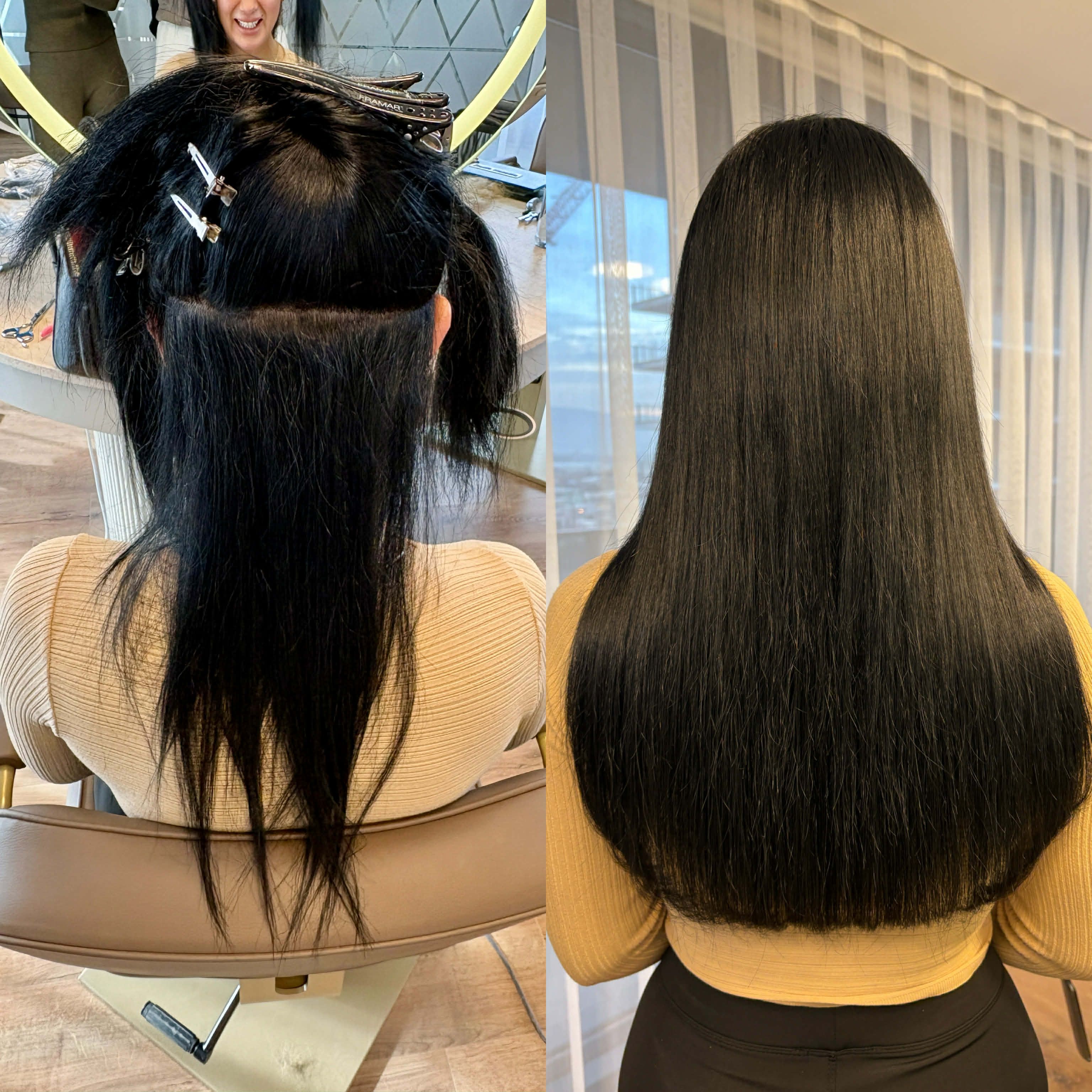 Split før-og-efter billede af blond blend med diskret bonding