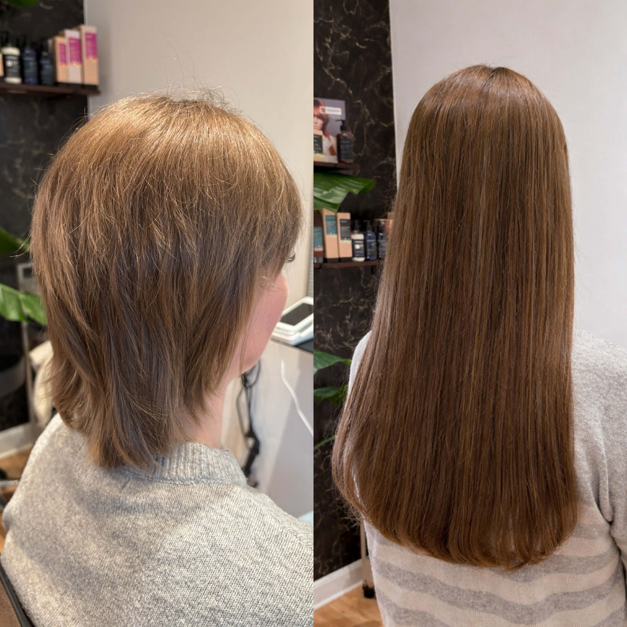 Split før-og-efter billede af kort til langt kastanjebrunt blend med blank finish