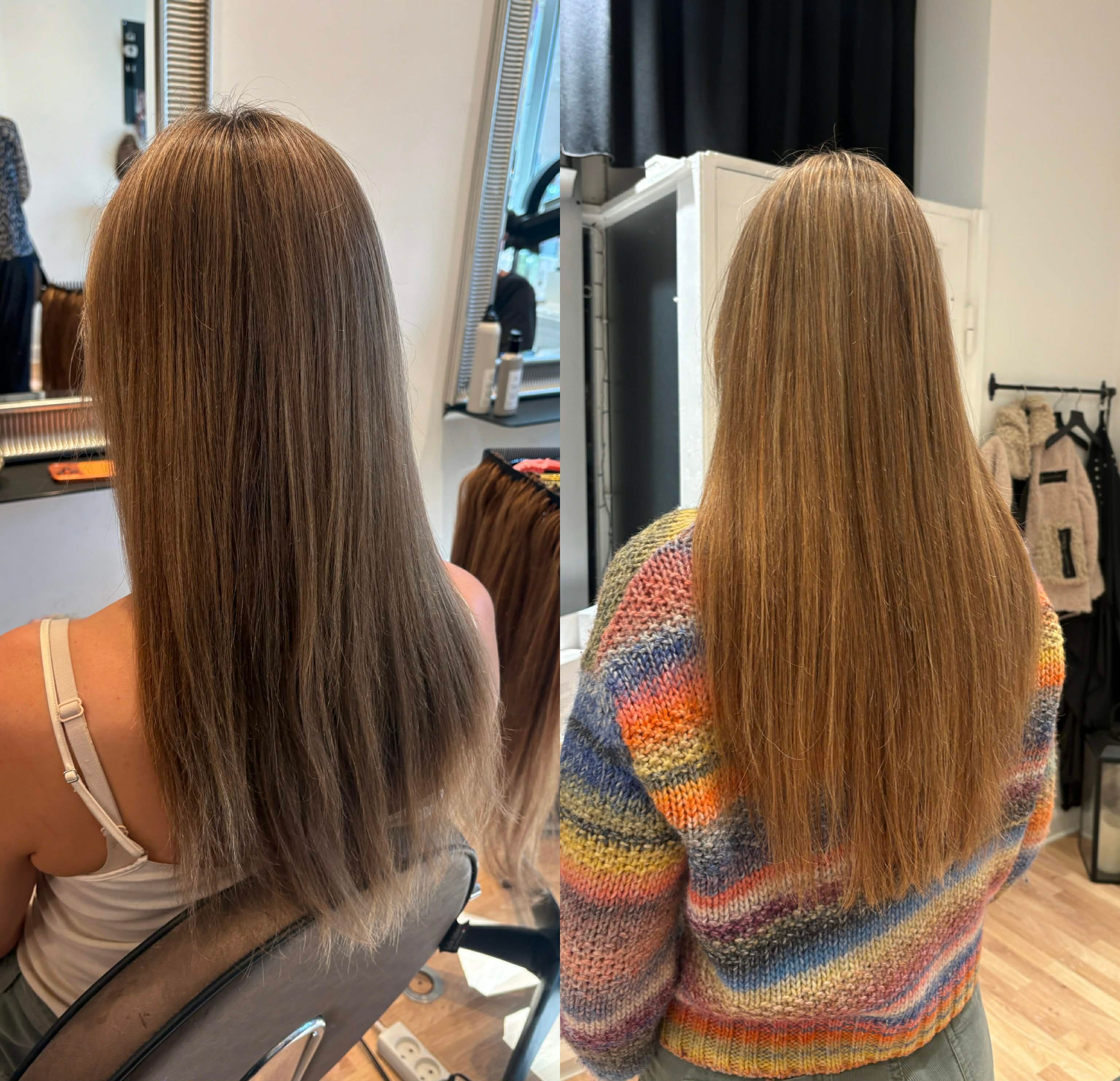Split før-og-efter billede af fyldigere længder med naturlig volume
