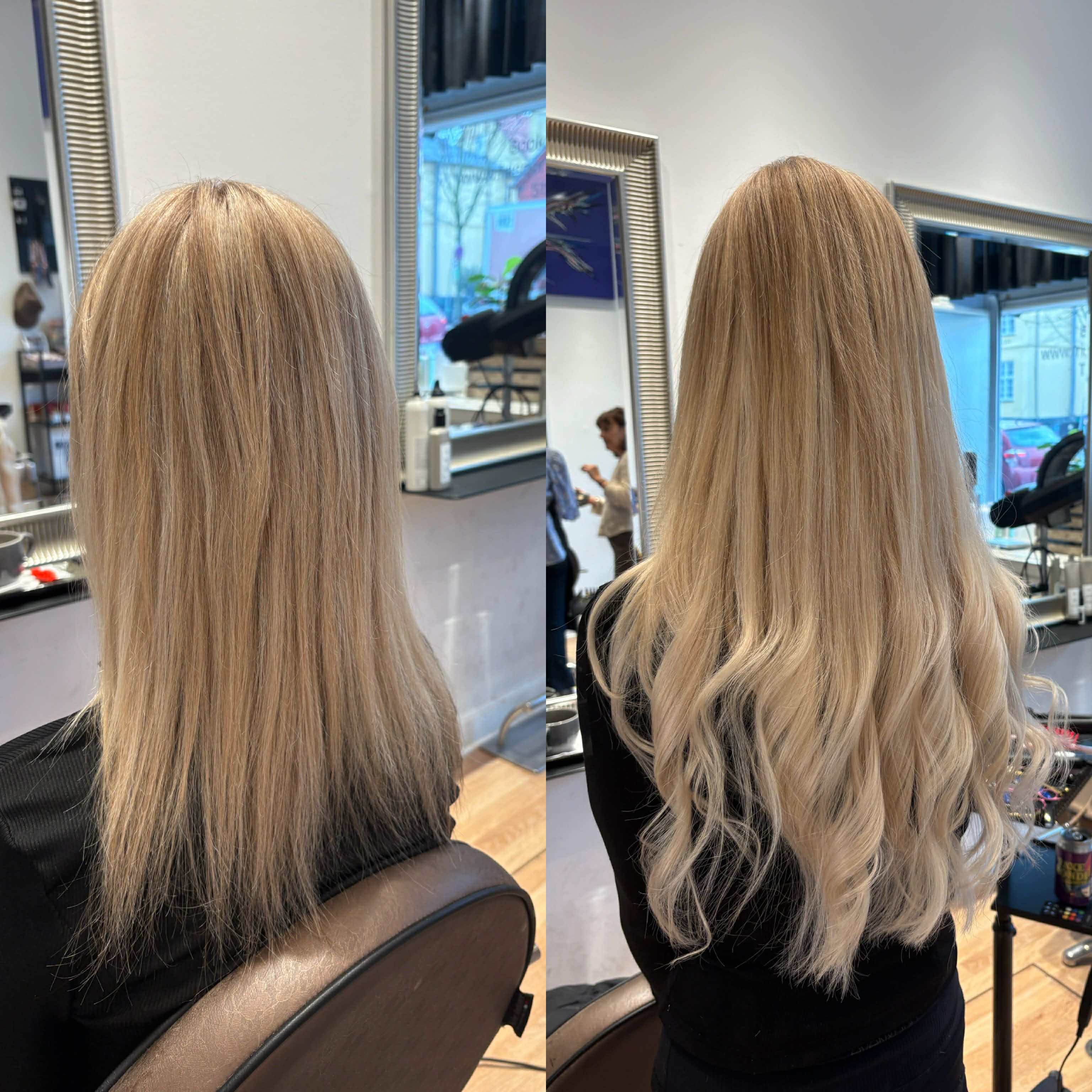 Færdigt resultat efter behandling med glansfulde extensions og naturligt blend